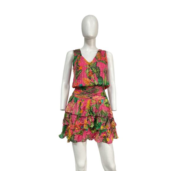 Ramy Brook Printed Pink Silk Wilson Tiered Mini Dress Size 00 - Picture 1 of 3